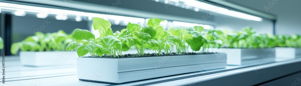 Indoor garden with green plants growing under LED lights in a modern hydroponic system for sustainable agriculture. Indoor garden with green plants growing under LED lights in a modern hydroponic system for sustainable agriculture.