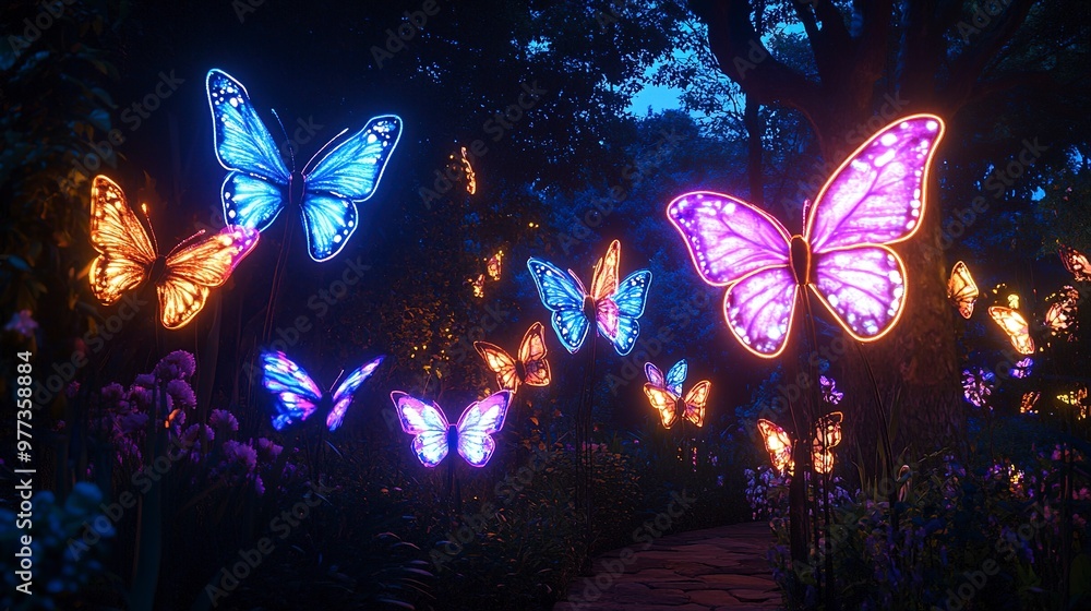 Fototapeta premium Glow time decorations Glowing neon butterflies fluttering in a dark garden, magical atmosphere, enchanting and whimsical 