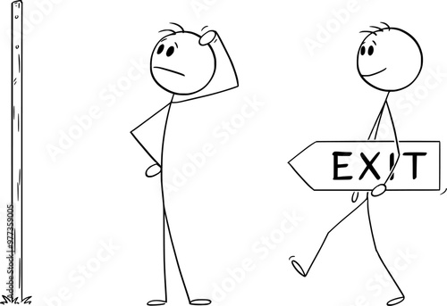 Person searching or looking for exit, vector cartoon stick figure or character illustration.