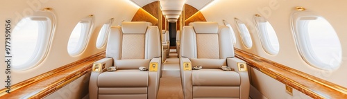 Luxurious private jet interior with comfortable seats, elegant design, and natural light streaming through large windows.