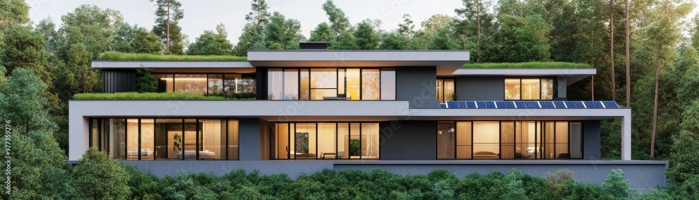 Modern architectural design of a luxury house surrounded by greenery, showcasing large windows and a stylish exterior. Modern architectural design of a luxury house surrounded by greenery, showcasing large windows and a stylish exterior.