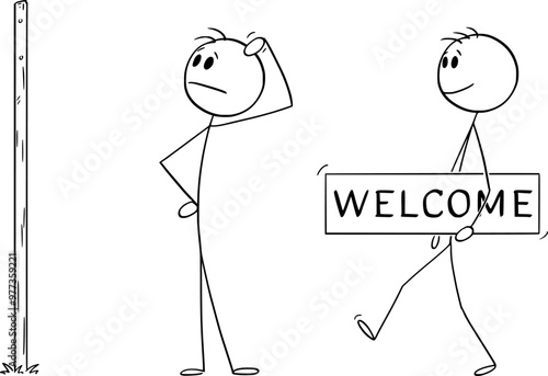 Person, opportunity and welcome, vector cartoon stick figure or character illustration.