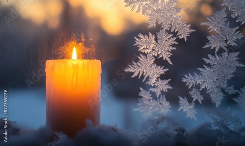 A candle is lit in front of a window with snowflakes falling outside