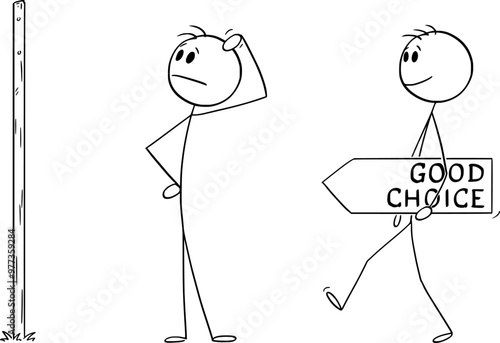 Person looking for help with good choice, vector cartoon stick figure or character illustration.