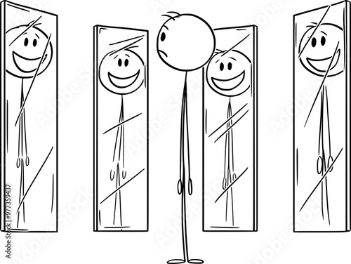 Person looking on smiling yourself in mirrors, vector cartoon stick figure or character illustration.