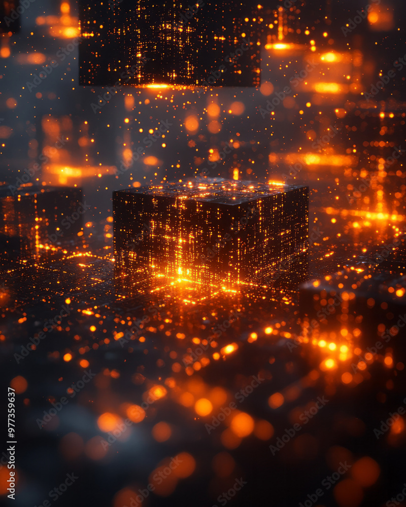 Fototapeta premium Rows of tiny glowing cubes representing data, stacked in a grid-like pattern,
