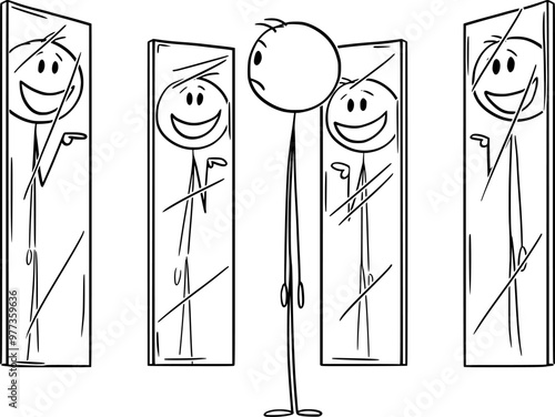Person looking on smiling mocking yourself in mirrors, vector cartoon stick figure or character illustration.