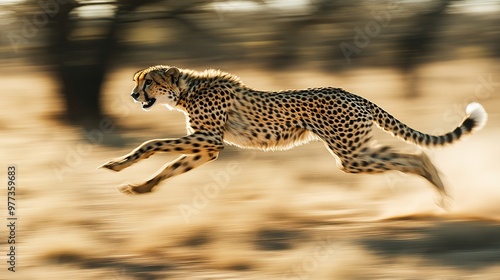 A cheetah sprinting at full speed across the plains, capturing the raw power and speed of the animal