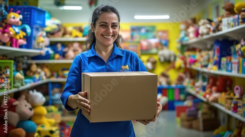 A woman is holding a cardboard box in a toy store