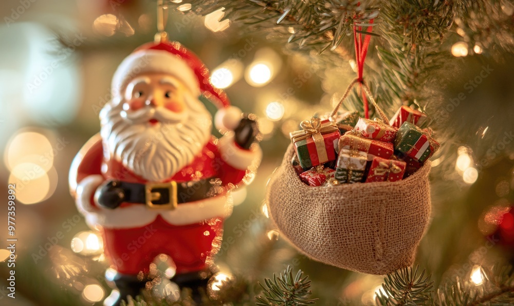 A santa statue is holding a basket of presents