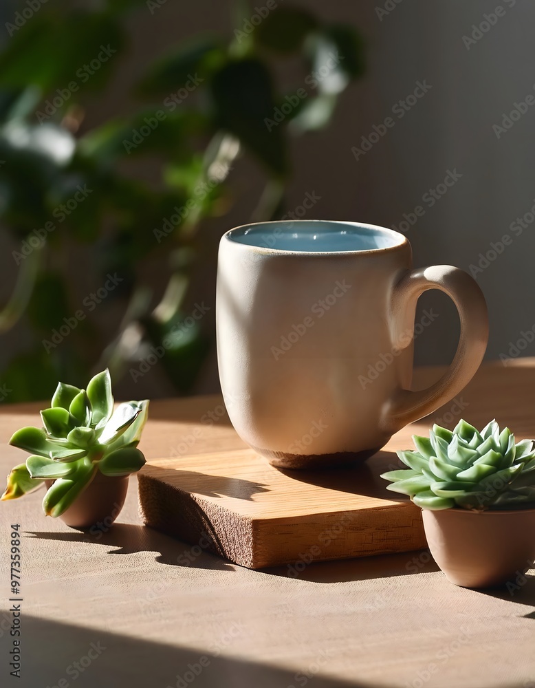 Ceramic Mug and Small Plants on a Table. A ceramic mug and small plants, such as succulents, on a table, creating a cozy and inviting scene. Ceramic Mug and Small Plants on a Table. A ceramic mug and small plants, such as succulents, on a table, creating a cozy and inviting scene.