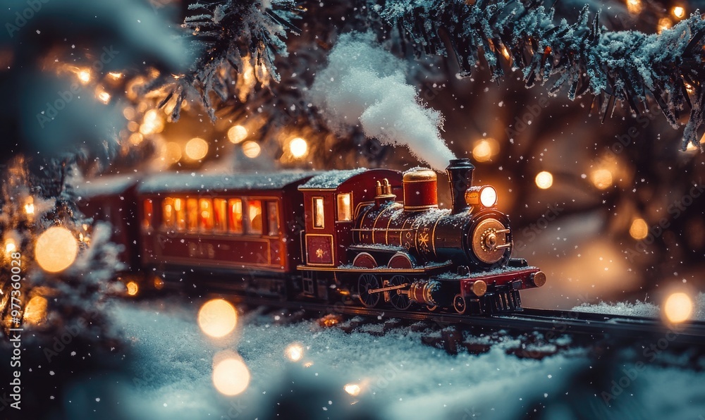 A train is on a track with snow on the ground A train is on a track with snow on the ground