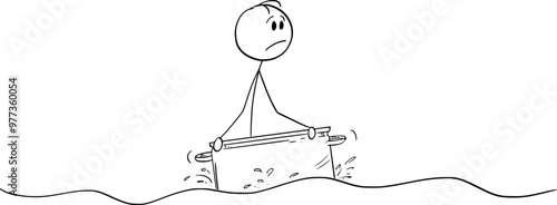 Unhappy person floating on the kitchen pot, vector cartoon stick figure or character illustration.
