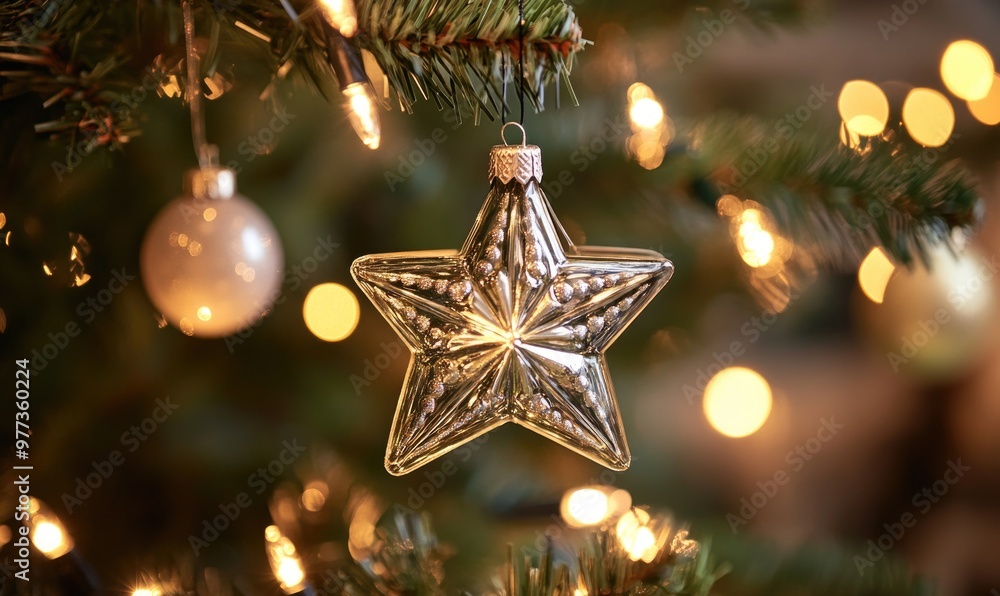 A star ornament hangs on a Christmas tree A star ornament hangs on a Christmas tree