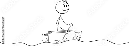 Happy person floating on the kitchen pot, vector cartoon stick figure or character illustration.