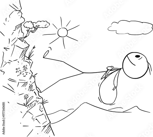 Hiker hiking or walking up the hill , vector cartoon stick figure or character illustration.