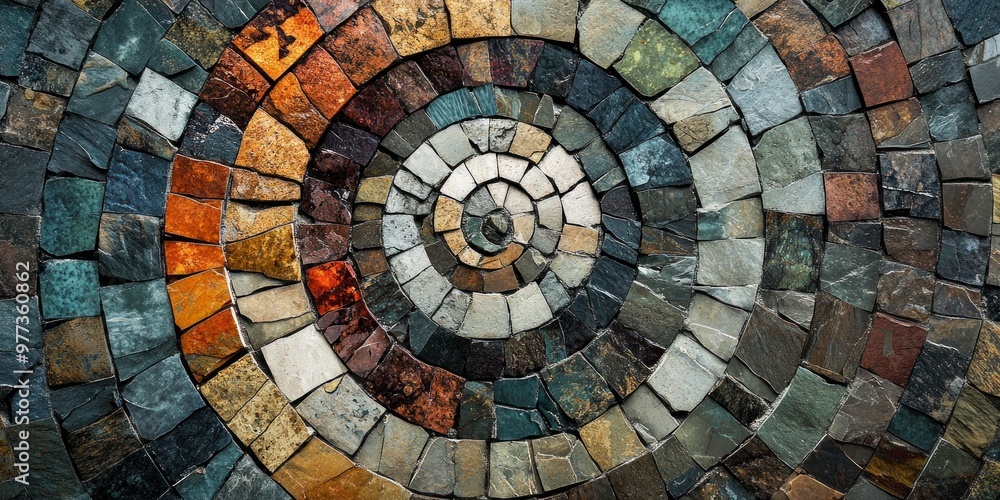 Fototapeta premium A beautiful mosaic design featuring a circular pattern made of various colored stones. This artistic creation showcases impressive craftsmanship and vibrant colors.