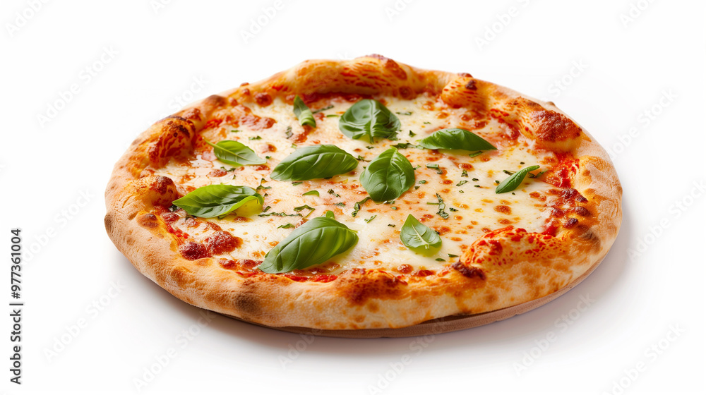 Delicious pizza topped with fresh basil leaves and melted cheese, showcasing golden crust and vibrant colors. Delicious pizza topped with fresh basil leaves and melted cheese, showcasing golden crust and vibrant colors.