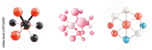 Colorful molecular structures representing scientific concepts in chemistry, showcasing atoms and bonds creatively. isolated on a transparent background