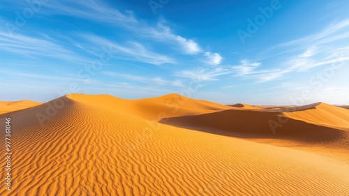 Stunning desert landscape showcasing golden sand dunes under a bright blue sky with wispy clouds. A serene natural environment.