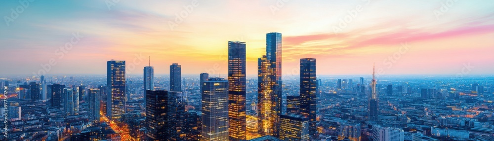 Stunning panoramic view of a modern city skyline at sunset, showcasing vibrant colors and towering skyscrapers. Stunning panoramic view of a modern city skyline at sunset, showcasing vibrant colors and towering skyscrapers.