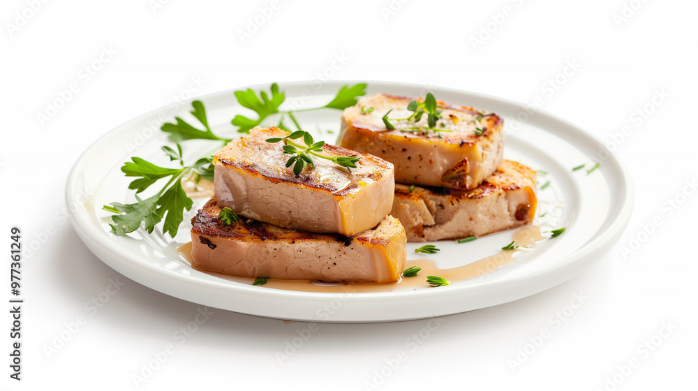 Delicious grilled meat slices garnished with fresh herbs on white plate, showcasing mouthwatering presentation. Perfect for culinary enthusiasts and food lovers. Delicious grilled meat slices garnished with fresh herbs on white plate, showcasing mouthwatering presentation. Perfect for culinary enthusiasts and food lovers.