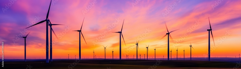 Obraz premium Stunning sunset over wind turbines creating a picturesque landscape, embodying renewable energy and sustainable development.