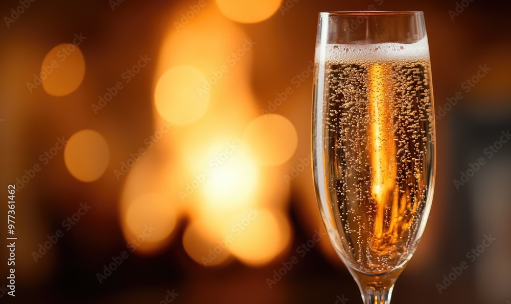 A glass of champagne is sitting on a table with a fire in the background A glass of champagne is sitting on a table with a fire in the background
