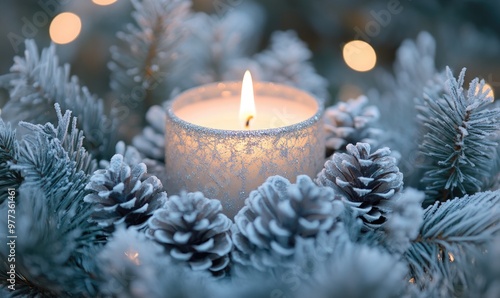 A candle is lit in a pine cone holder