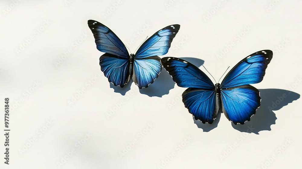 Two blue butterflies fly side by side against a pristine white backdrop A single blue butterfly's cast shadow graces the left side A solitary blue butterfly Two blue butterflies fly side by side against a pristine white backdrop A single blue butterfly's cast shadow graces the left side A solitary blue butterfly