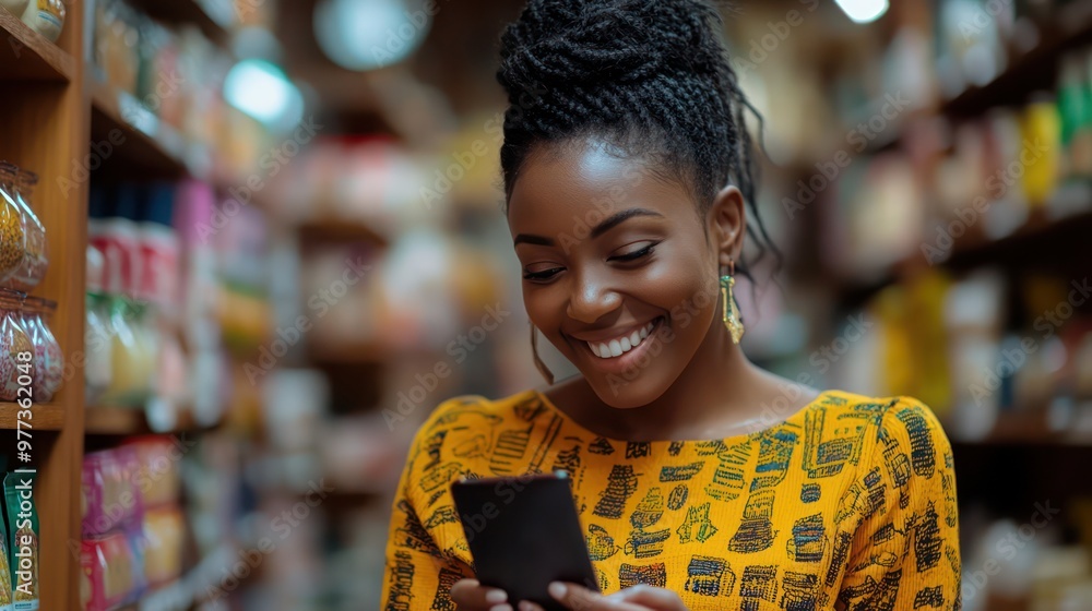 A woman is smiling while looking at her cell phone in a store A woman is smiling while looking at her cell phone in a store