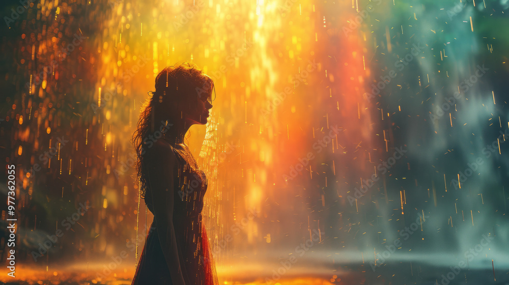 A serene woman with a dress made of flowing water standing under a waterfall, A serene woman with a dress made of flowing water standing under a waterfall,