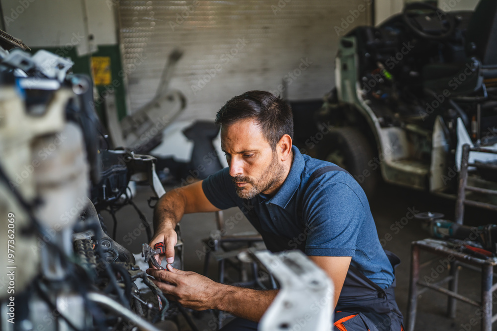 Car mechanic working on a car engine in a workshop with tools visible Car mechanic working on a car engine in a workshop with tools visible