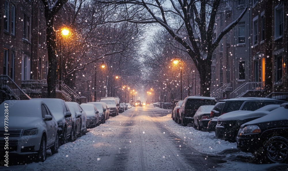 A snowy street with cars parked on both sides A snowy street with cars parked on both sides
