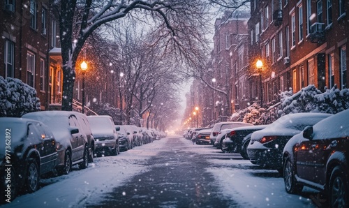 A snowy street with cars parked on both sides