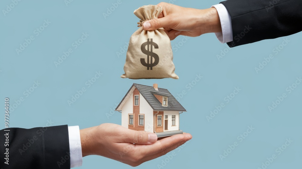 A hand holding a money bag over a miniature house, symbolizing investment.