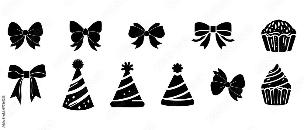Birthday elements hat, ribbons, cake silhouette black filled vector Illustration icon Birthday elements hat, ribbons, cake silhouette black filled vector Illustration icon
