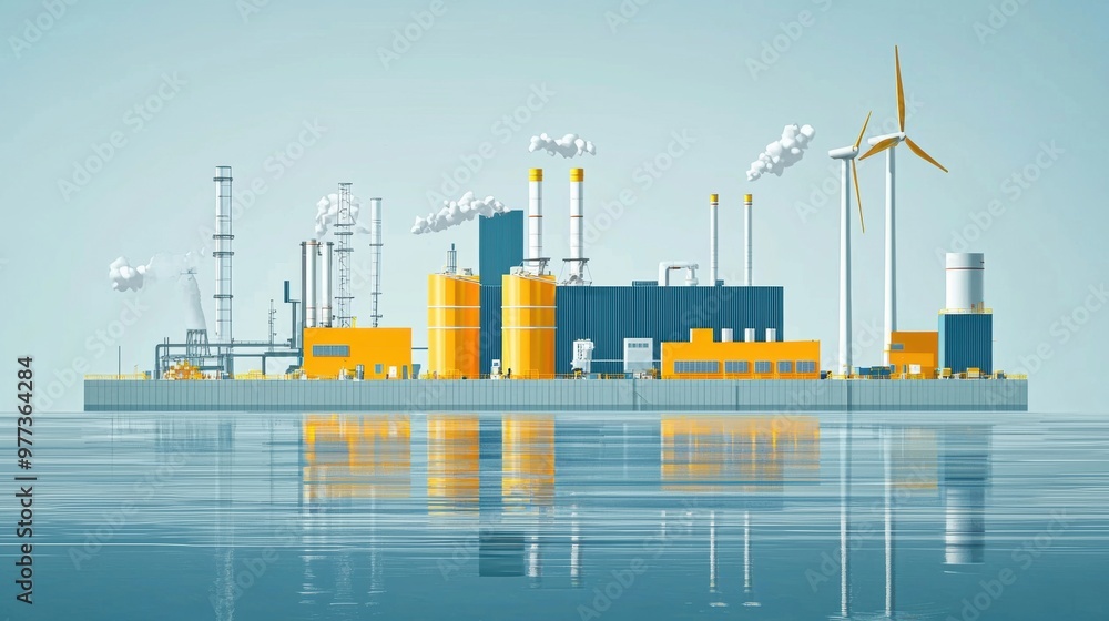 Obraz premium A large industrial plant is on a body of water
