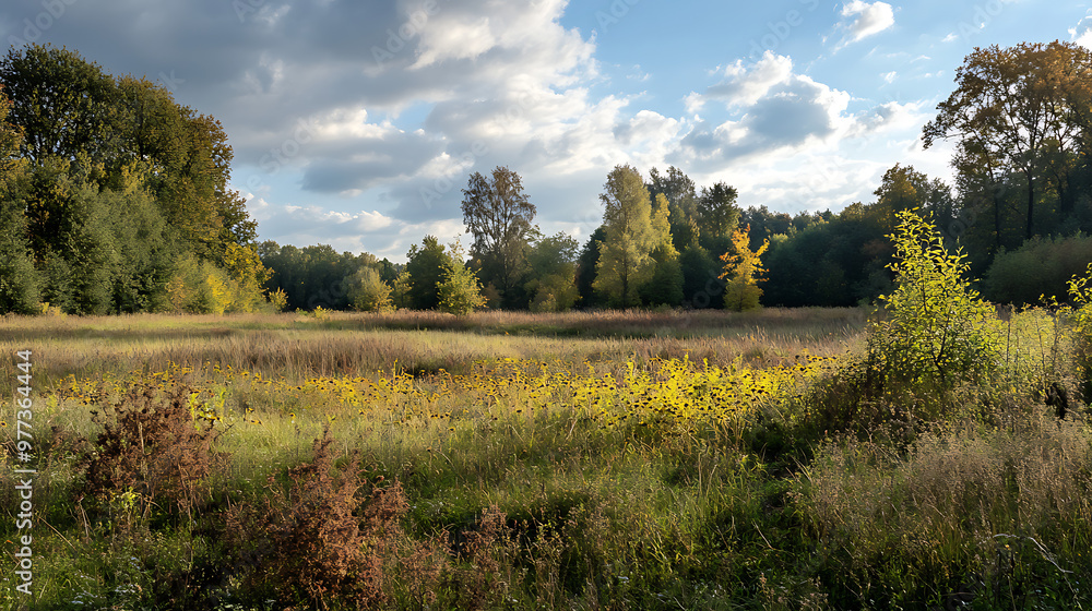 A natural area in Europe with invasive common ragweed plants spreading across the landscape, affecting local biodiversity A natural area in Europe with invasive common ragweed plants spreading across the landscape, affecting local biodiversity