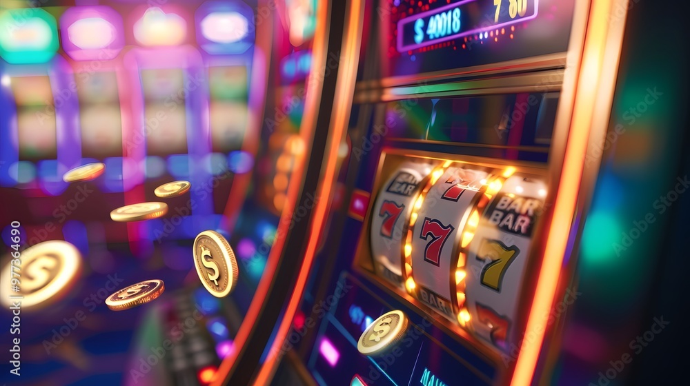 Slot Machine Jackpot: A slot machine displaying a winning combination, coins and lights celebrating the jackpot.
Slot Machine Jackpot: A slot machine displaying a winning combination, coins and lights celebrating the jackpot.