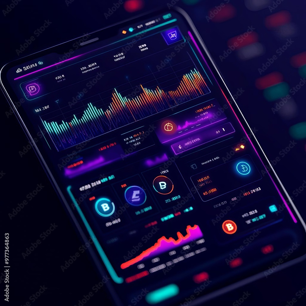 Cryptocurrency wallet software UI, dark mode with neon highlights, security-focused icons, dynamic graphs for real-time market tracking Cryptocurrency wallet software UI, dark mode with neon highlights, security-focused icons, dynamic graphs for real-time market tracking