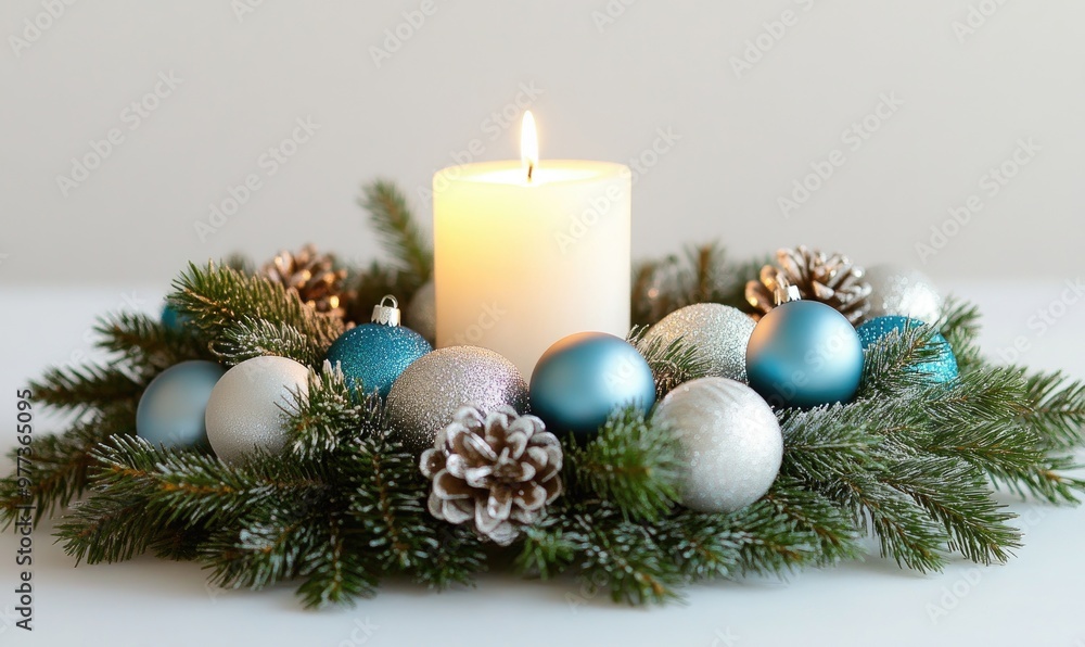 A candle is lit in a wreath of pine needles and Christmas ornaments A candle is lit in a wreath of pine needles and Christmas ornaments