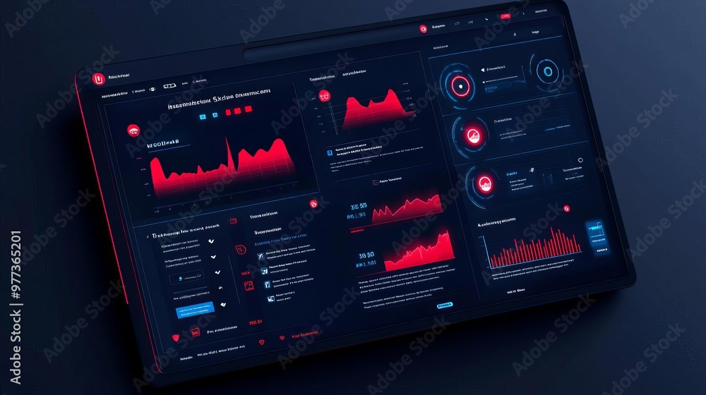Cybersecurity software UI, dark theme with red and blue accents, clear alerts and warning icons, intuitive dashboard for monitoring threats Cybersecurity software UI, dark theme with red and blue accents, clear alerts and warning icons, intuitive dashboard for monitoring threats