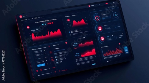 Cybersecurity software UI, dark theme with red and blue accents, clear alerts and warning icons, intuitive dashboard for monitoring threats