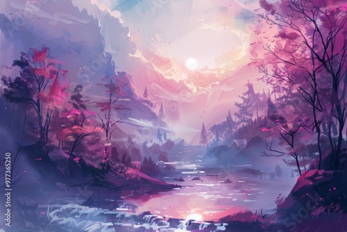 Artistic concept painting of a beautiful fantasy landscape, surrealism. Tender and dreamy design, background illustration