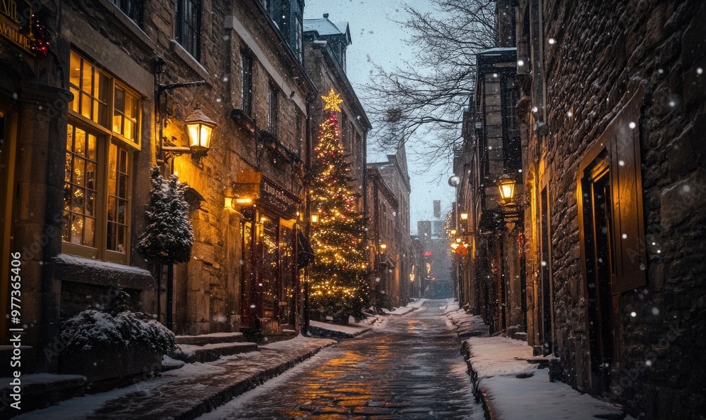 A street with a Christmas tree in the middle and snow on the ground A street with a Christmas tree in the middle and snow on the ground