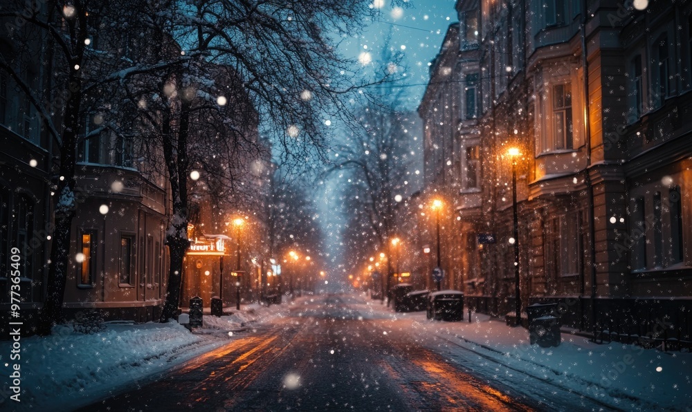 A snowy street with a few lights on A snowy street with a few lights on