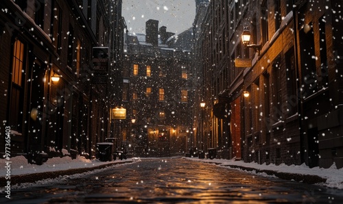 Fototapeta Naklejka Na Ścianę i Meble -  A snowy city street with a few lights on