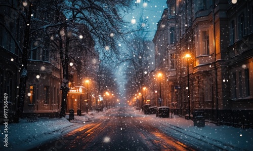 A snowy street with a few lights on