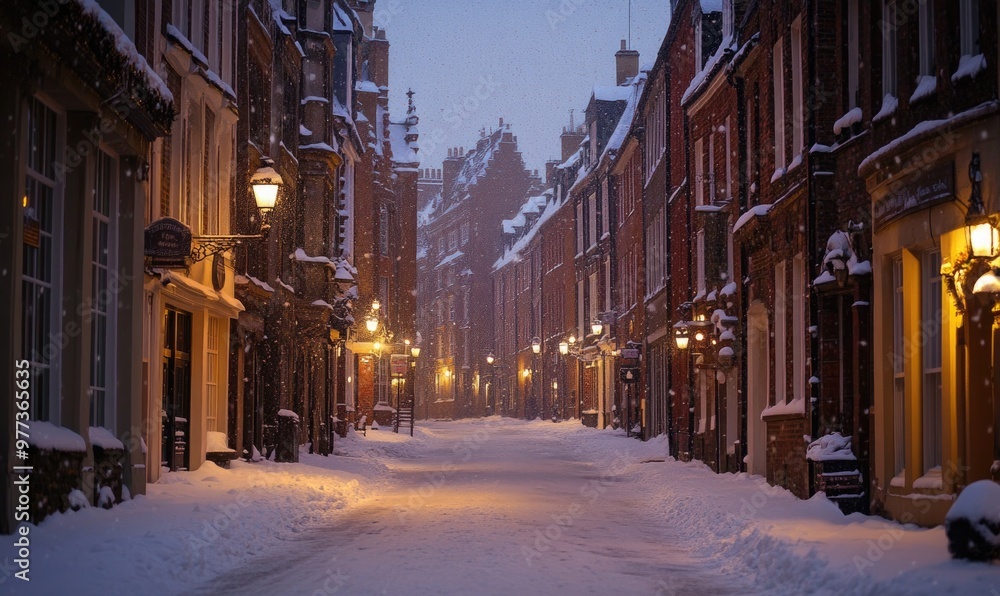 Fototapeta premium A snowy street with a few lights on